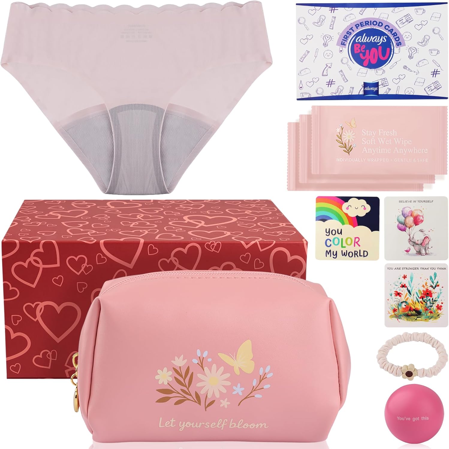 First Period Kit for Girls 9-12.Tween Period Starter Kit with spare Underwear, Educational Guide & Card in Gift Box - Thoughtful Puberty Gift (S)