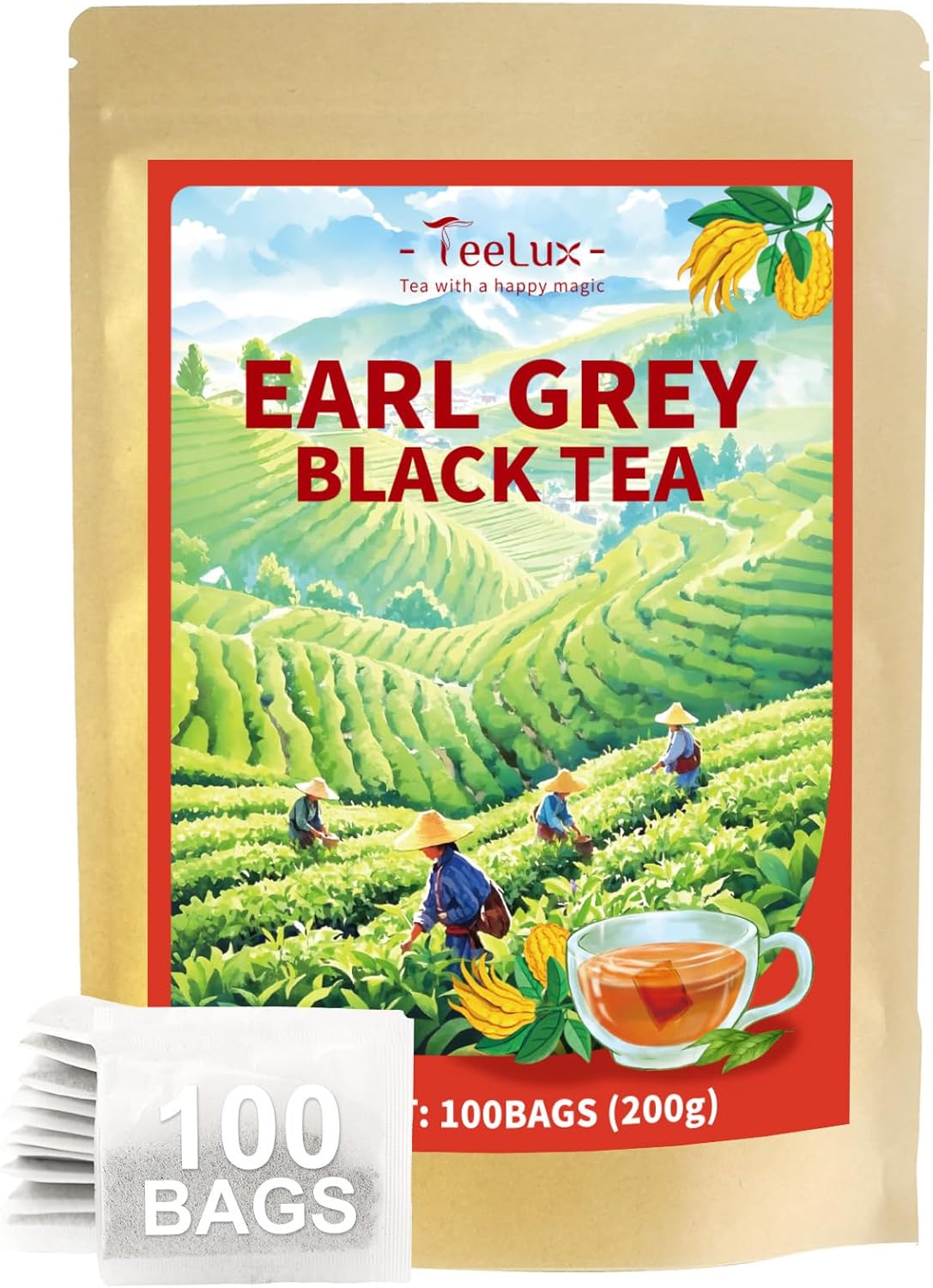 TeeLux Earl Grey Tea Bags, Premium Black Tea Blended with Natural Bergamot Flavor, Refreshing & Mellow Taste, Enjoy Hot or Iced, 100 Count