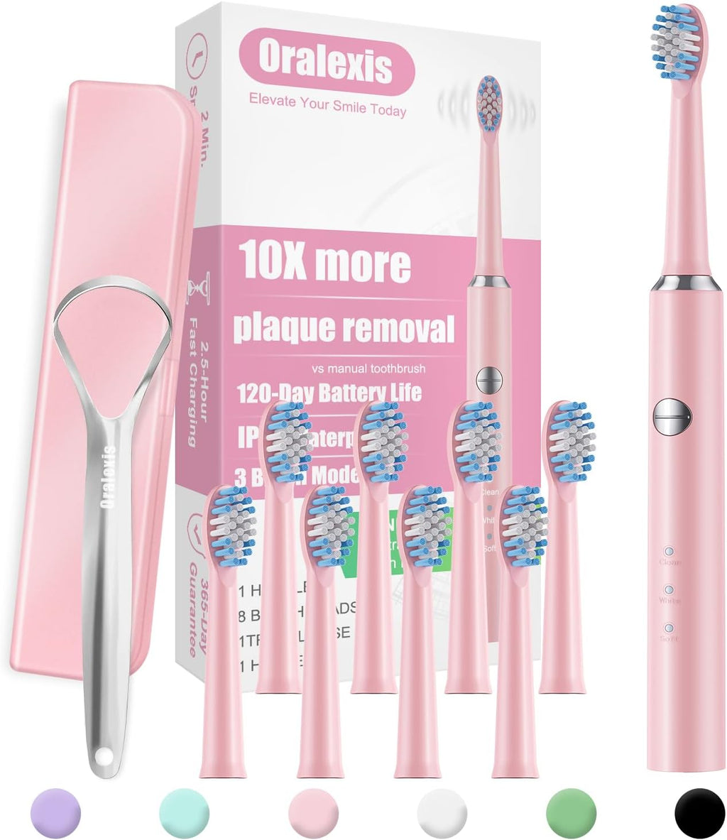 Electric Toothbrush for Adults and Kids, with Tongue Scraper and 8 Brush Heads, One Fast Charge Last 120 Days, 40000 VPM Deep Clean, Sonic Travel Toothbrush - Pink