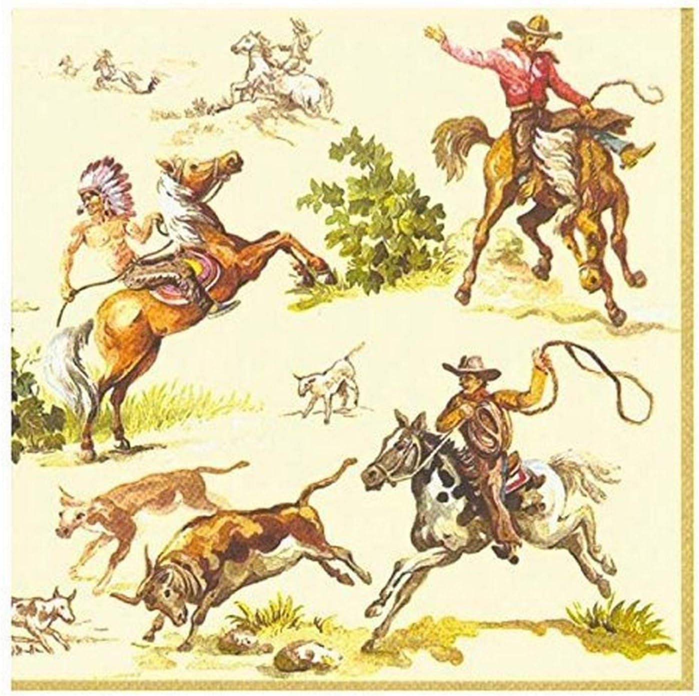Ideal Home Range 20 Count Boston International 3-Ply Paper Cocktail Napkins, Cream Wild West, 5 x 5 inches
