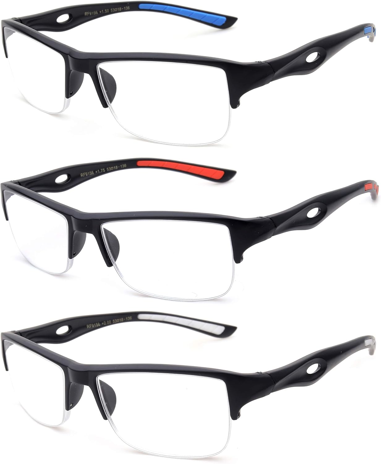 3 Packs Mens Reading Glasses Sporty Half Frame Reading Glasses for Men Half Rim Reading Glasses 2.00