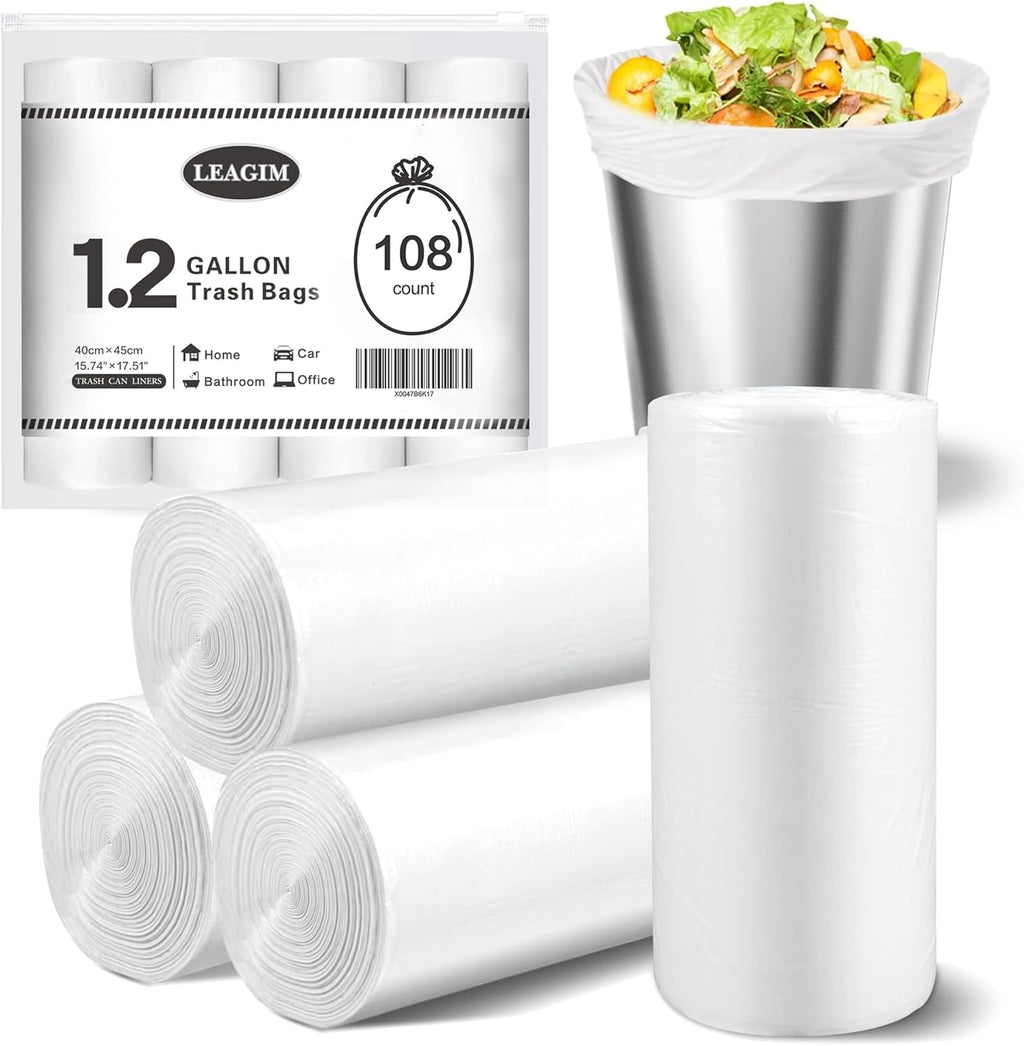 Small Trash Bags 1.2 Gallon, 108 Count Garbage Bags Bathroom Mini Trash Can Liners, fit 4.5-5 Liter White