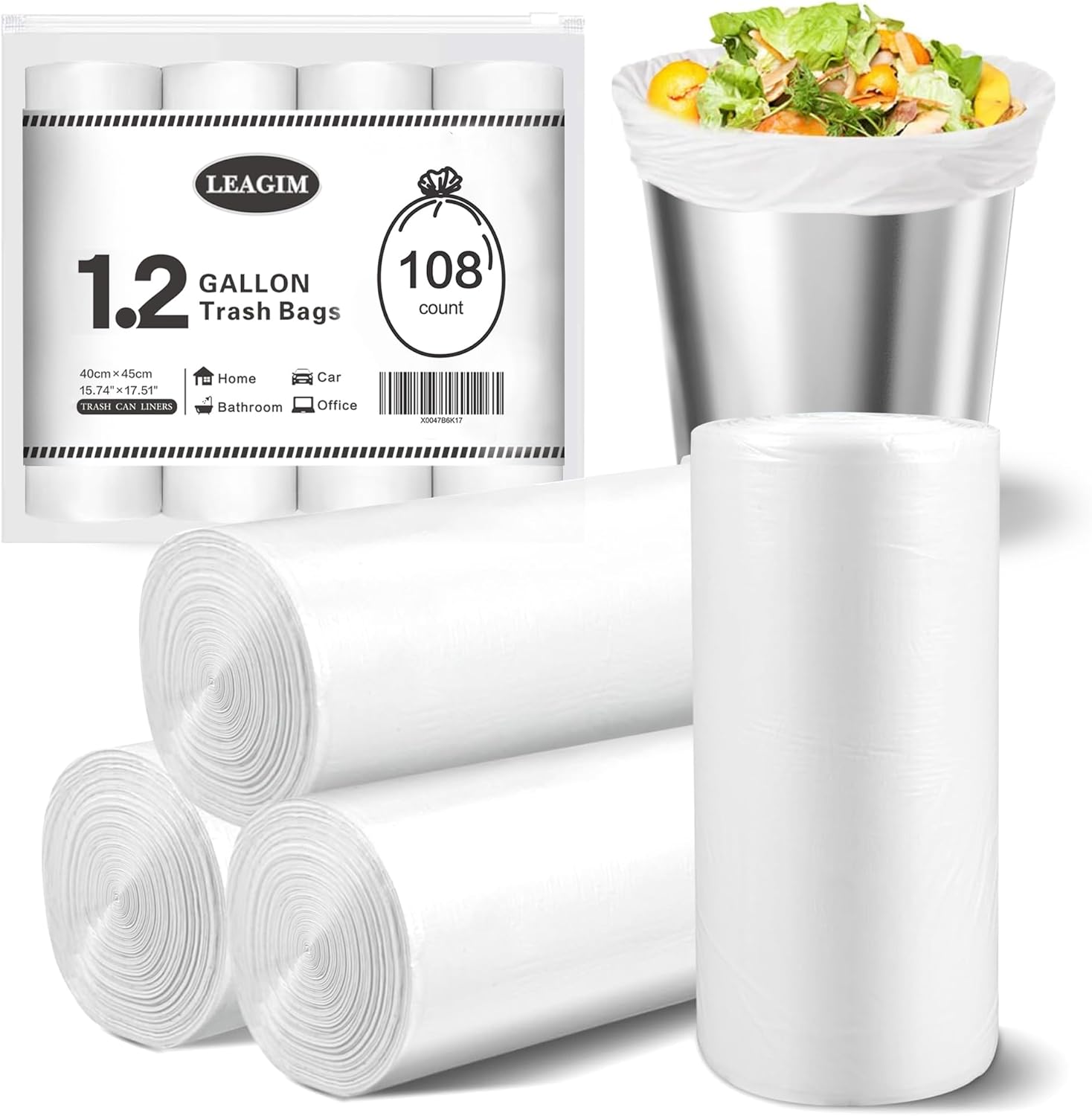 Small Trash Bags 1.2 Gallon, 108 Count Garbage Bags Bathroom Mini Trash Can Liners, fit 4.5-5 Liter White