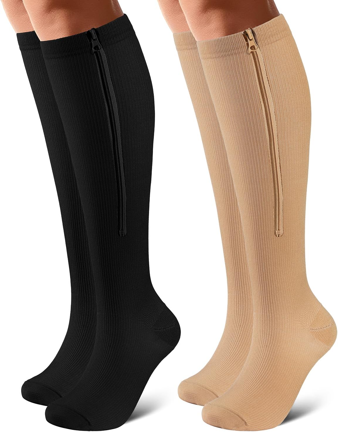 Zipper Compression Socks Close Toe 2 Pairs for Women&Men 15-20mmHg Knee High Support Socks for Running Cycling