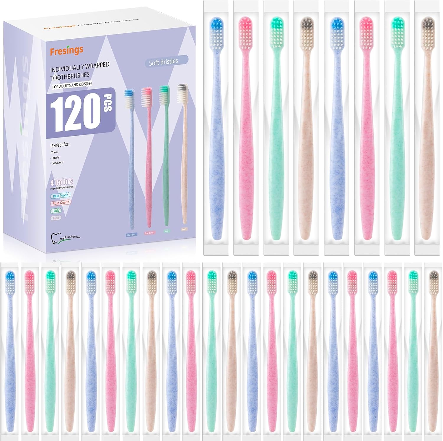 120-Pack Disposable Toothbrushes Individually Wrapped, Soft PBT Bristle Bulk Travel Manual Toothbrushes for Adults & Kids, Guest Bathroom, Hotel, Camping, Donation – 4 Gemstone Colors