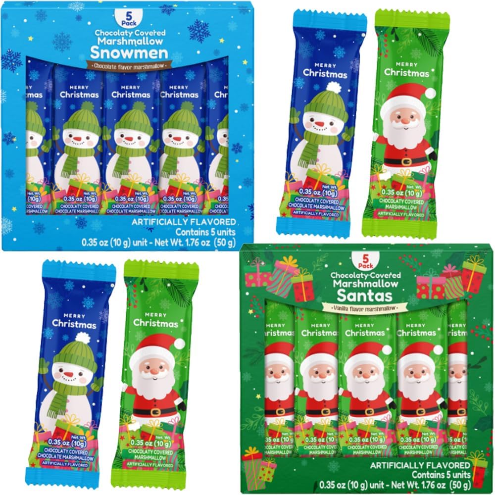 Chocolate & Vanilla Covered Marshmallow Gift Treat 10 Count | Santa & Snowmen Holiday S’mores Themed Box | Christmas Stocking Stuffer Winter Party Favor - Kids Boy Girl Gift Idea 2 Pack