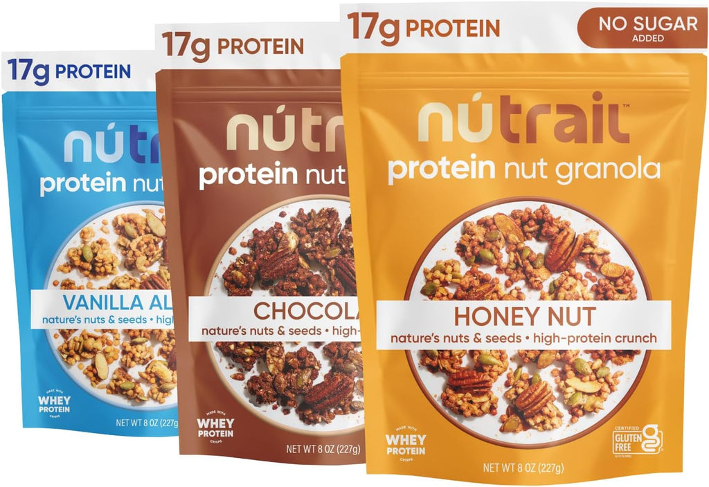 NuTrail 17g Protein Nut Granola Cereal, Variety Pack, No Sugar Added, Keto, Low Carb, Gluten Free, Grain Free, Healthy Breakfast 8 oz. 3 Count