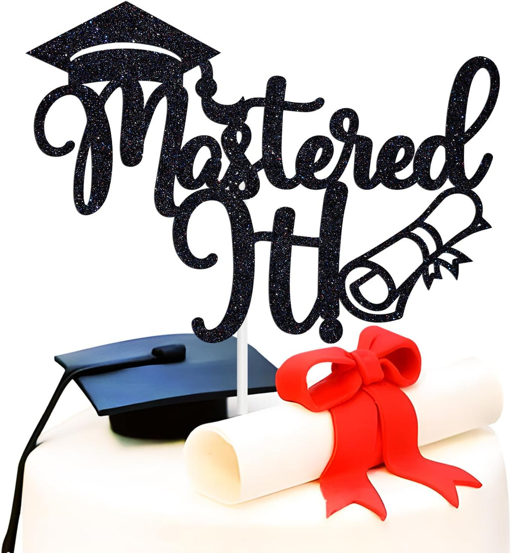 Miss Onederful Mastered it Cake Topper, Happy Master's Degree/You Did It, Congrats Grad Graduate, Master Graduation Party Decorations Supplies, Black Glitter