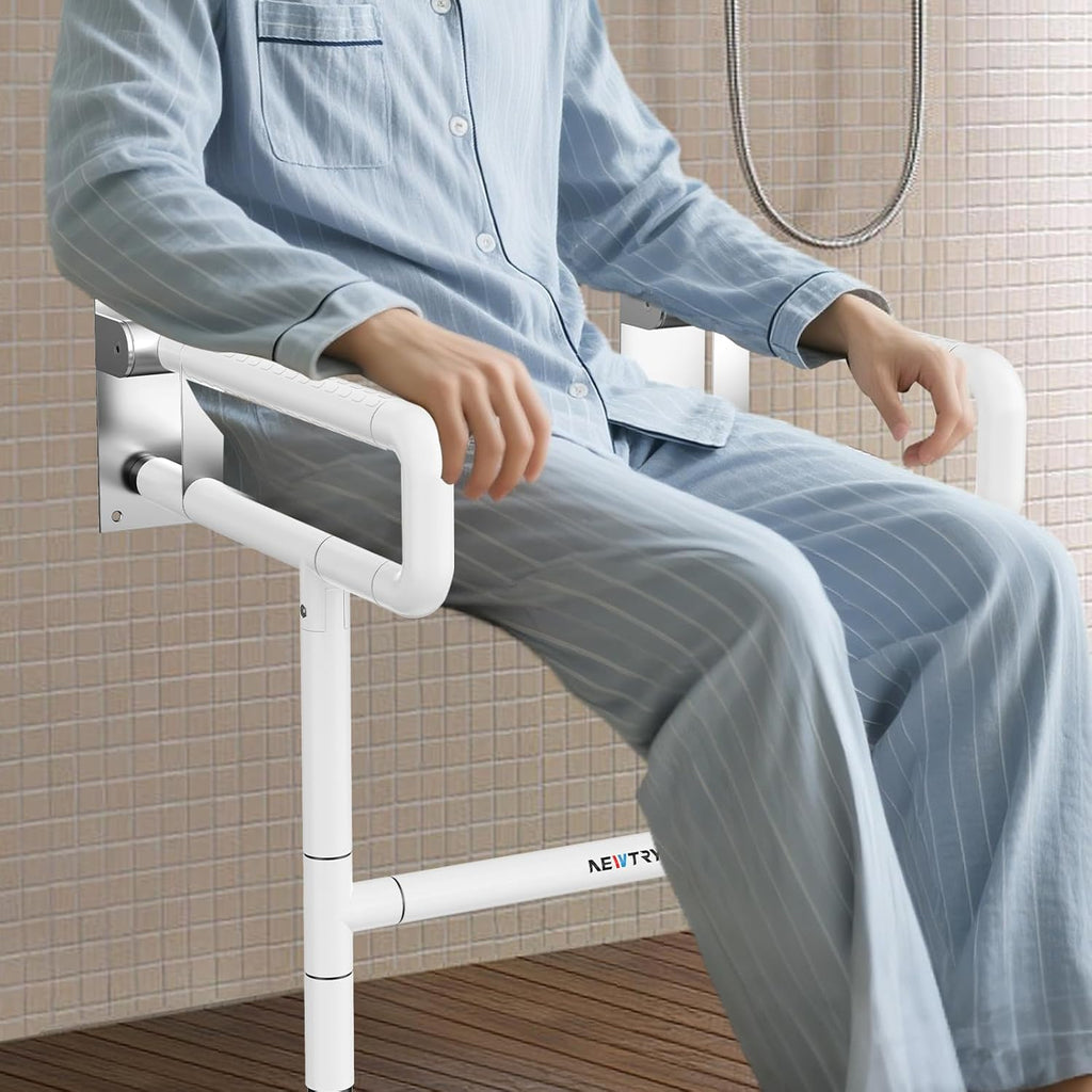 NEWTRY Upgraded 21” Folding Shower Seat Wall Mounted, 660lb Fold Down Shower Seat with Support Armrests & footrest, Foldable Shower Chair for Home Care Seniors Disabled, for Bathroom Inside Shower