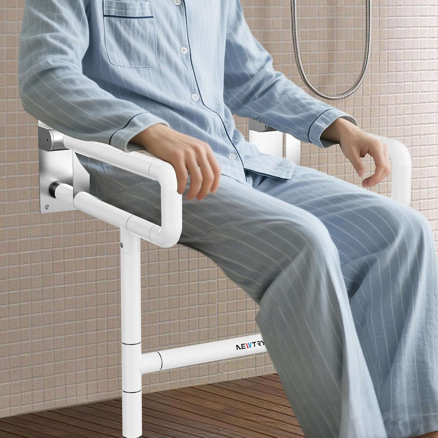 NEWTRY Upgraded 21” Folding Shower Seat Wall Mounted, 660lb Fold Down Shower Seat with Support Armrests & footrest, Foldable Shower Chair for Home Care Seniors Disabled, for Bathroom Inside Shower