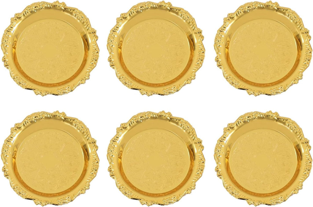 6pcs 10cm/3.94in Golden Metal Snack Plates,Dried Fruit Plate Cupcake Fruit Serving Tray,Round Restaurant Serving Trays for Birthday Weding Party (Gold)