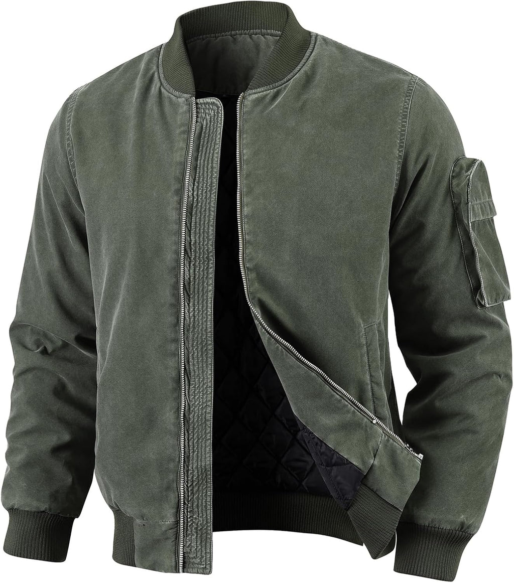 Oymyakon Mens Vintage Bomber Jacket Washed Fall Winter Warm Military Jackets Casual Padded Coats Windbreakers