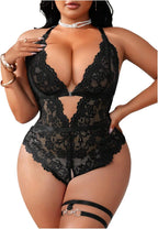 SOLY HUX Women's Plus Size Lace Lingerie Set Deep V Neck Teddy Bodysuit Babydoll Nightwear with Leg Ring