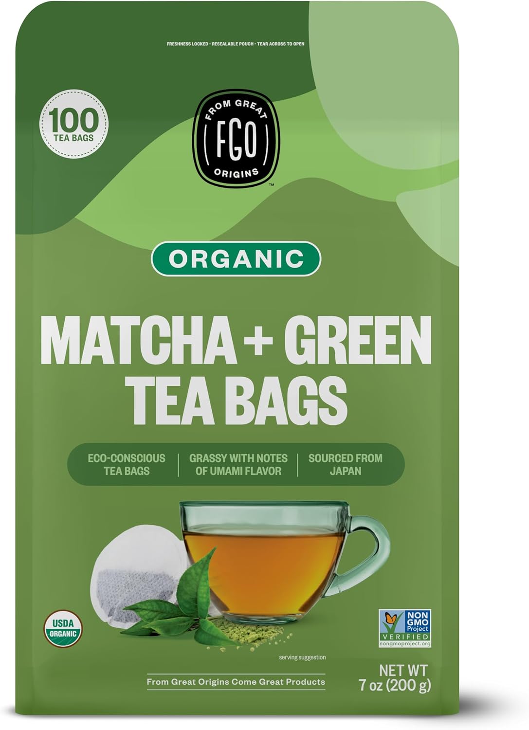 FGO Organic Japanese Matcha + Green Tea, 100 Count, Eco-Conscious Tea Bags, Resealable Bag, Packaging May Vary (Pack of 1)