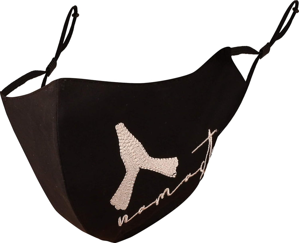 Touchstone Yoga theme embroidered 3 layer medium size cotton face masks reusable machine washable adjustable for men, women (Pack of 1). Black