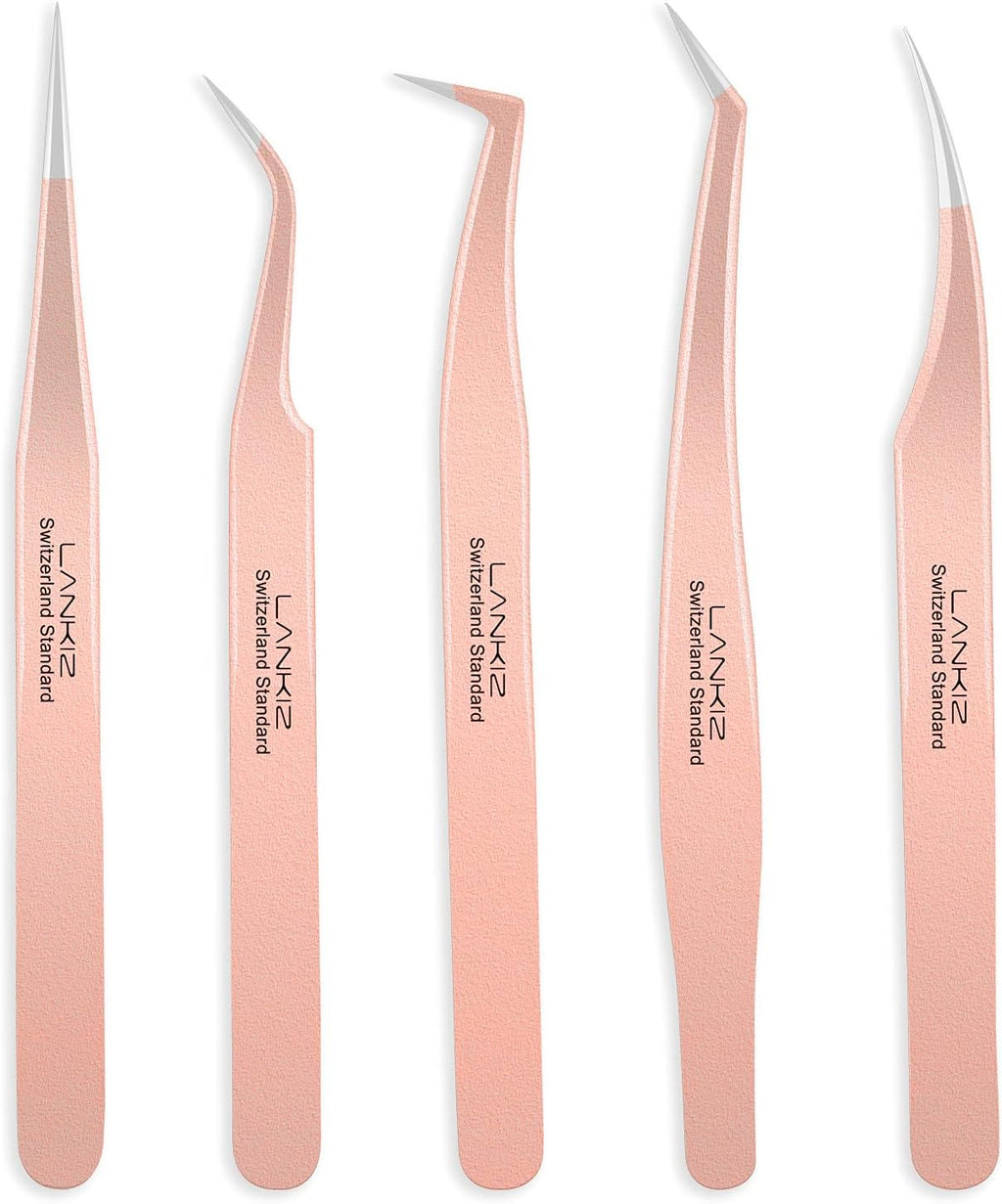 LANKIZ Eyelash Extension Tweezers Set 5 PCS for Eyelash Extensions Stainless Steel Lash Tweezers for Volume Lash Extensions-Rose Gold pinzas para pestaas pelo a pelo