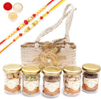 Ghasitaram Gifts Jaiccha Rakhi Gifts for Brothers - Jute small basket with flower 5 Jars with 2 Rakhis