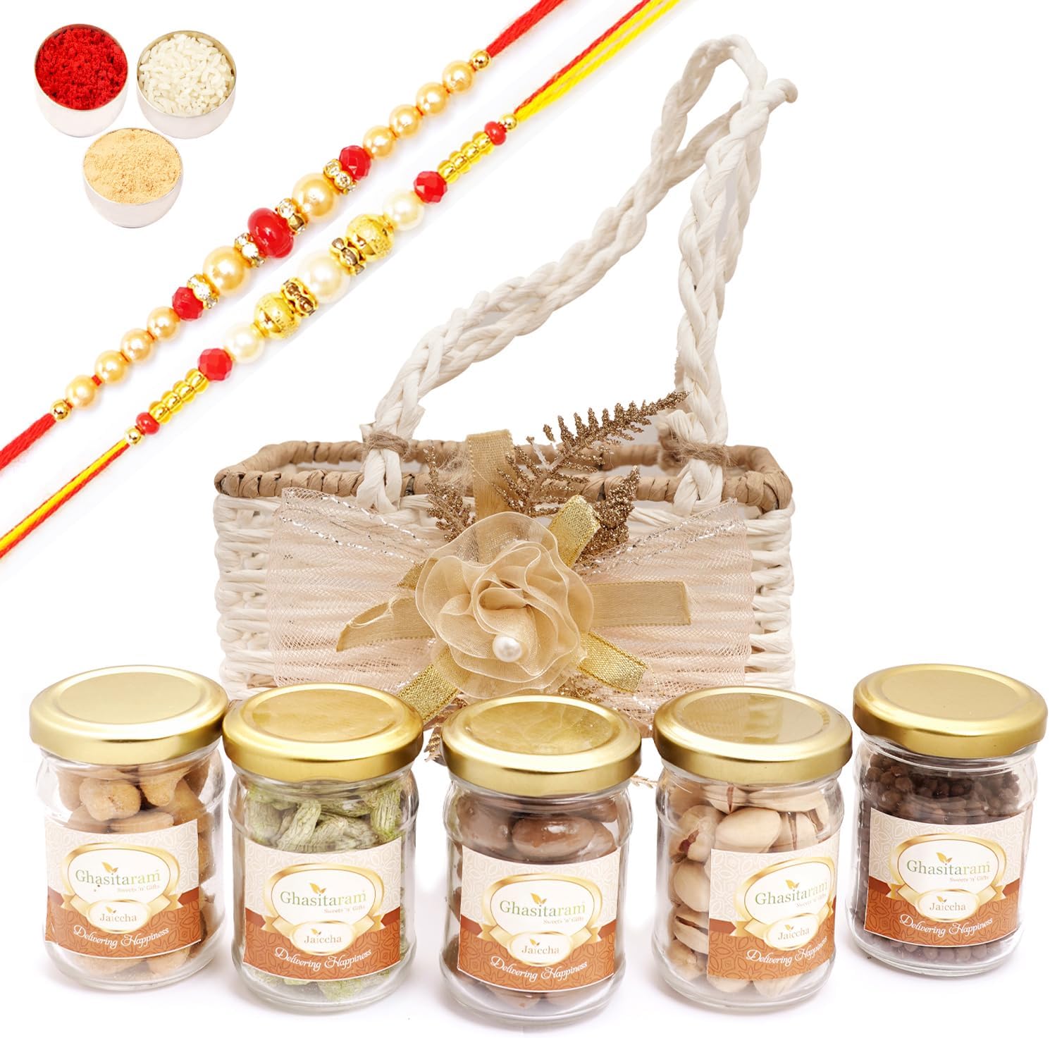 Ghasitaram Gifts Jaiccha Rakhi Gifts for Brothers - Jute small basket with flower 5 Jars with 2 Rakhis