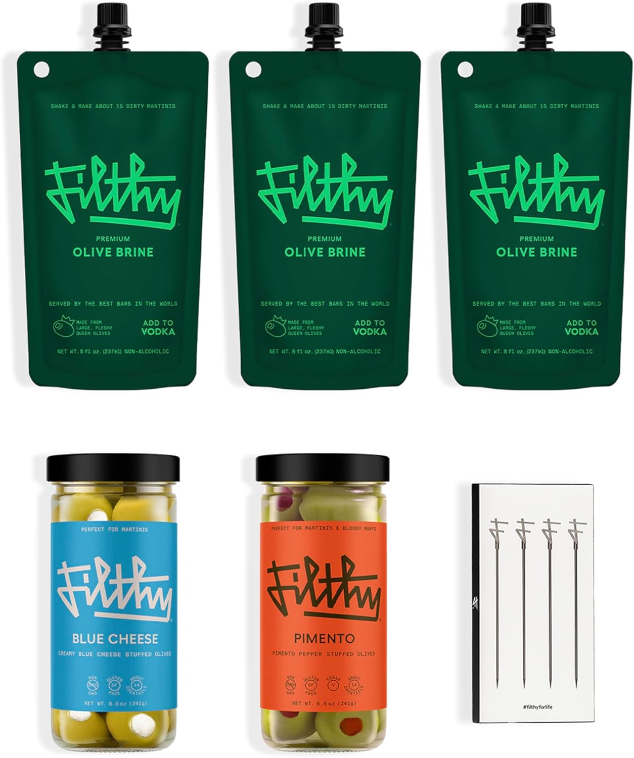 Filthy Martini Cocktail Kit, Premium Cocktail Kit, Includes Olive Brine, Pimento Stuffed Olives, Blue Cheese Stuffed Olives & 4 Stainless Steel Cocktail Picks, Non-GMO, Gluten Free