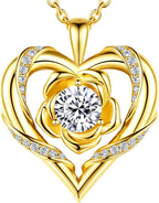 Beam & Bask Rose Flower Heart Moissanite Necklaces for Wife, S925 Silver Pendant for Women, 18K Gold Plated Jewelry for Her Girlfriend Mom for Anniversary Birthday