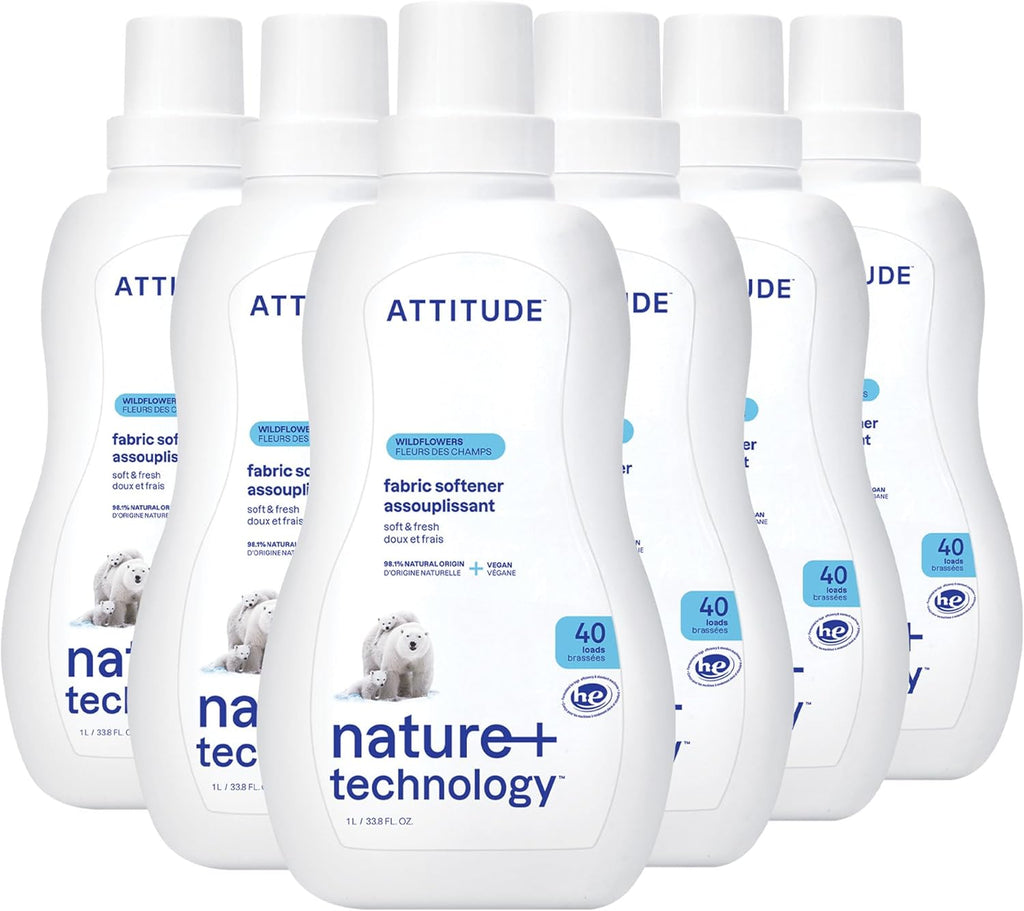 ATTITUDE Liquid Fabric Softener, Plant-Based & Vegan, HE Compatible, Naturally Derived, Wildflowers Scent, 40 Loads, 33.8 Fl Oz (Pack of 6)