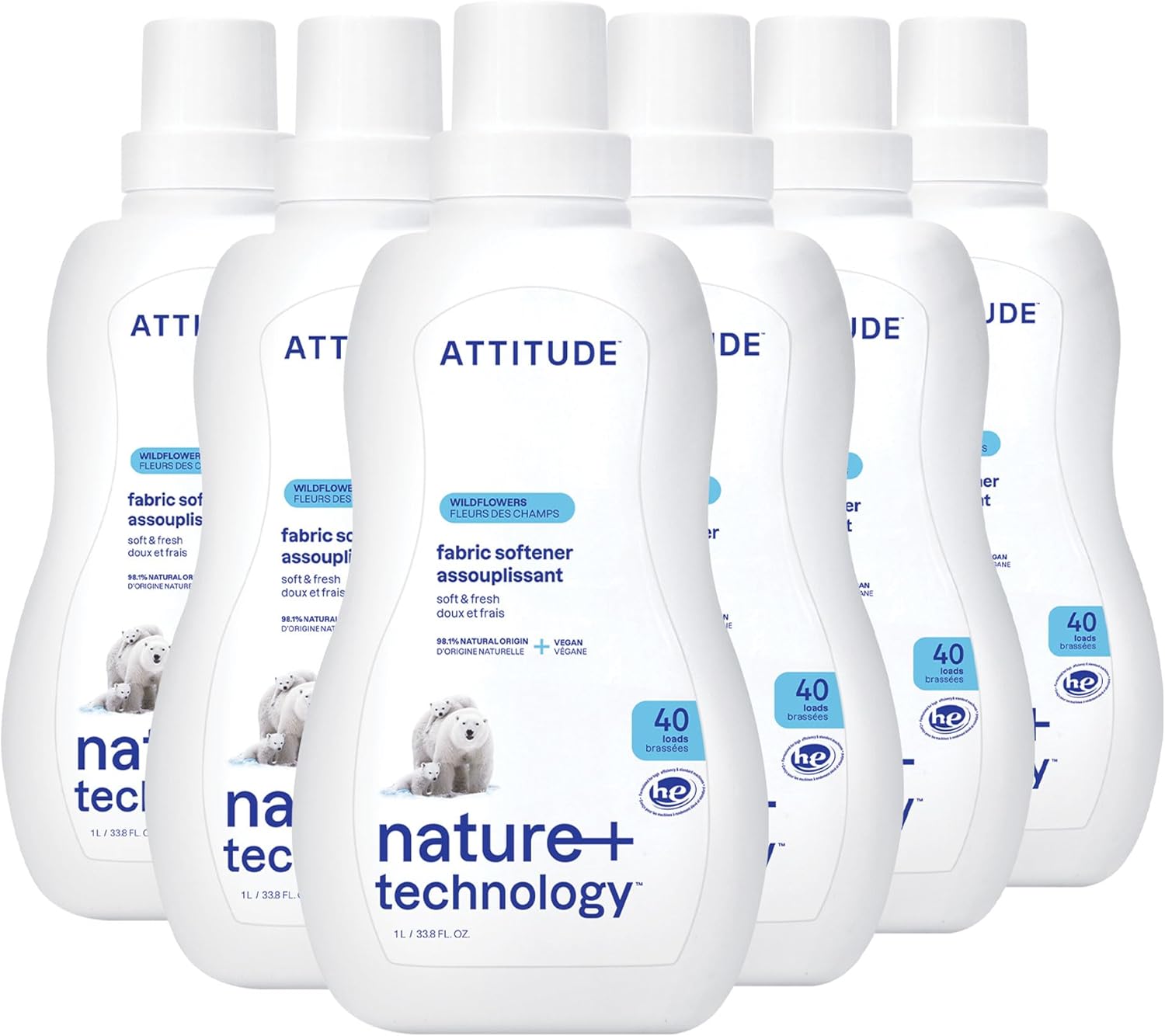ATTITUDE Liquid Fabric Softener, Plant-Based & Vegan, HE Compatible, Naturally Derived, Wildflowers Scent, 40 Loads, 33.8 Fl Oz (Pack of 6)