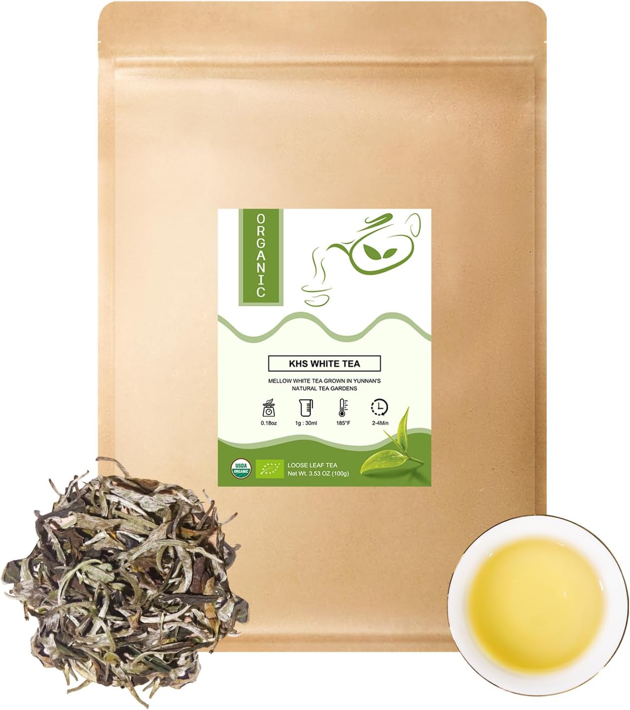 KHS Premium Organic White Tea, 3.53 Oz USDA Certified Grade A White Tea, Aged White Leaves with Fresh And Sweet Flavor, White tea Loose Leaf with Simple and Natural Methods