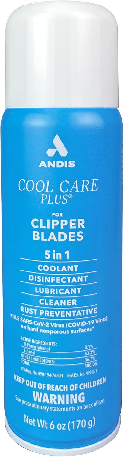 Andis 12551 Cool Care Plus 5-in-1 Clipper Blade Spray - Professional Grooming Tool with Easy Cleaning, Cooling, Disinfecting, Lubricating, and Rust Prevention – All Hairs Type, 6 Oz – Blue