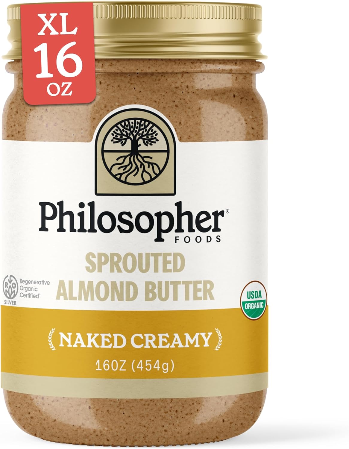 Philosopher Foods - Naked Creamy Organic Sprouted Almond Butter - 16 oz - Stone Ground Regenerative Organic Creamy Almond Nut Butter No Sugar Added
