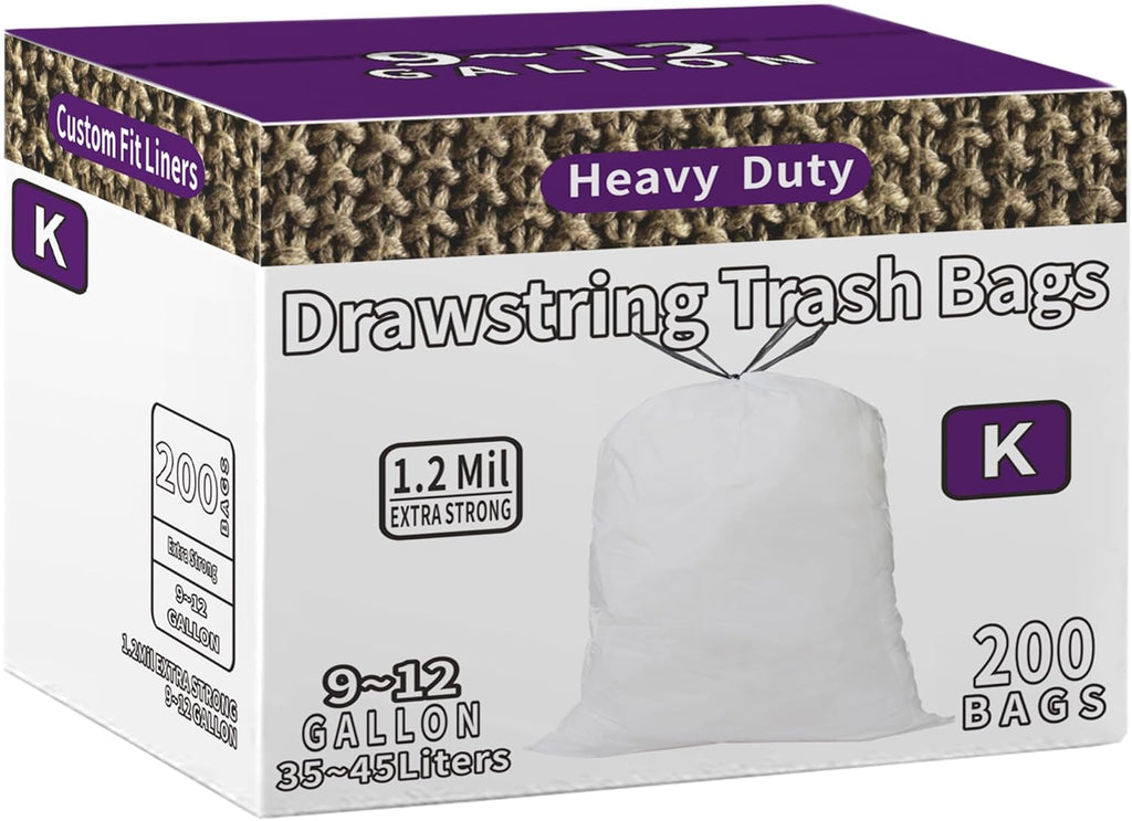 Code K Drawstring Trash Bags Compatible with simplehuman Code K | 200 Count total | 9-12 Gallon / 35-45 Liter | 1.2 Mil Thinkness | White Garbage Can Liners | Heavy Duty Plastic Trash Bags