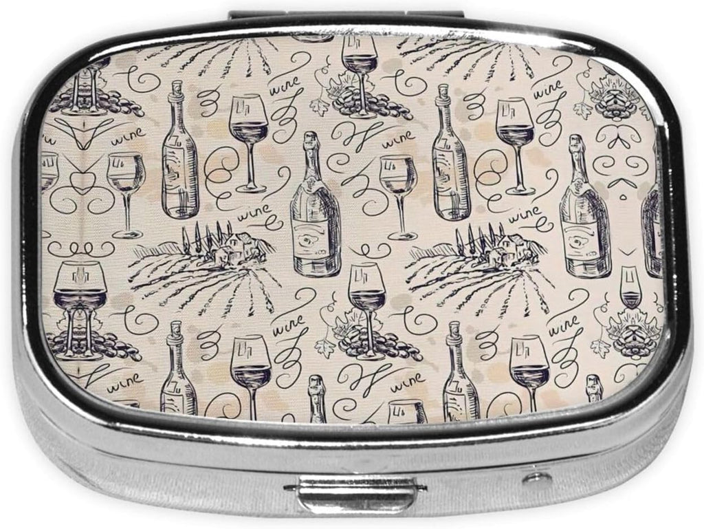 Wine and Winemaking Winery Grape Field Print Square Metal Pill Box Decorative Pill Case - Carry Your Meds in Style (Rectangular)
