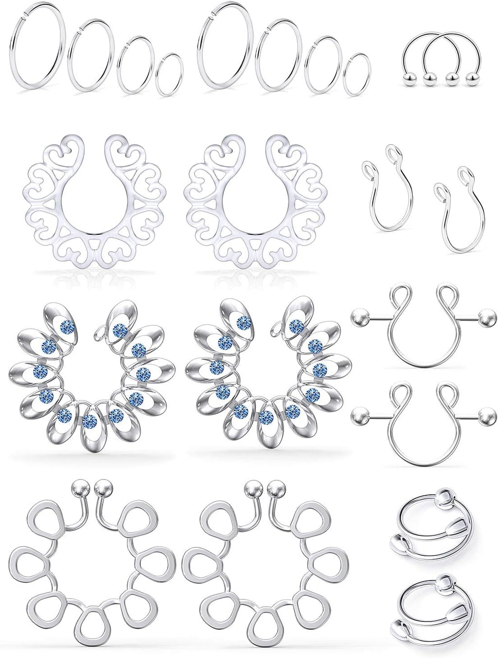 SCERRING Fake Nipple Ring Stainless Steel Non-Piercing Nipple Rings Clip On Nipplerings Faux Body Piercing Jewelry for Women Men 11 Pairs