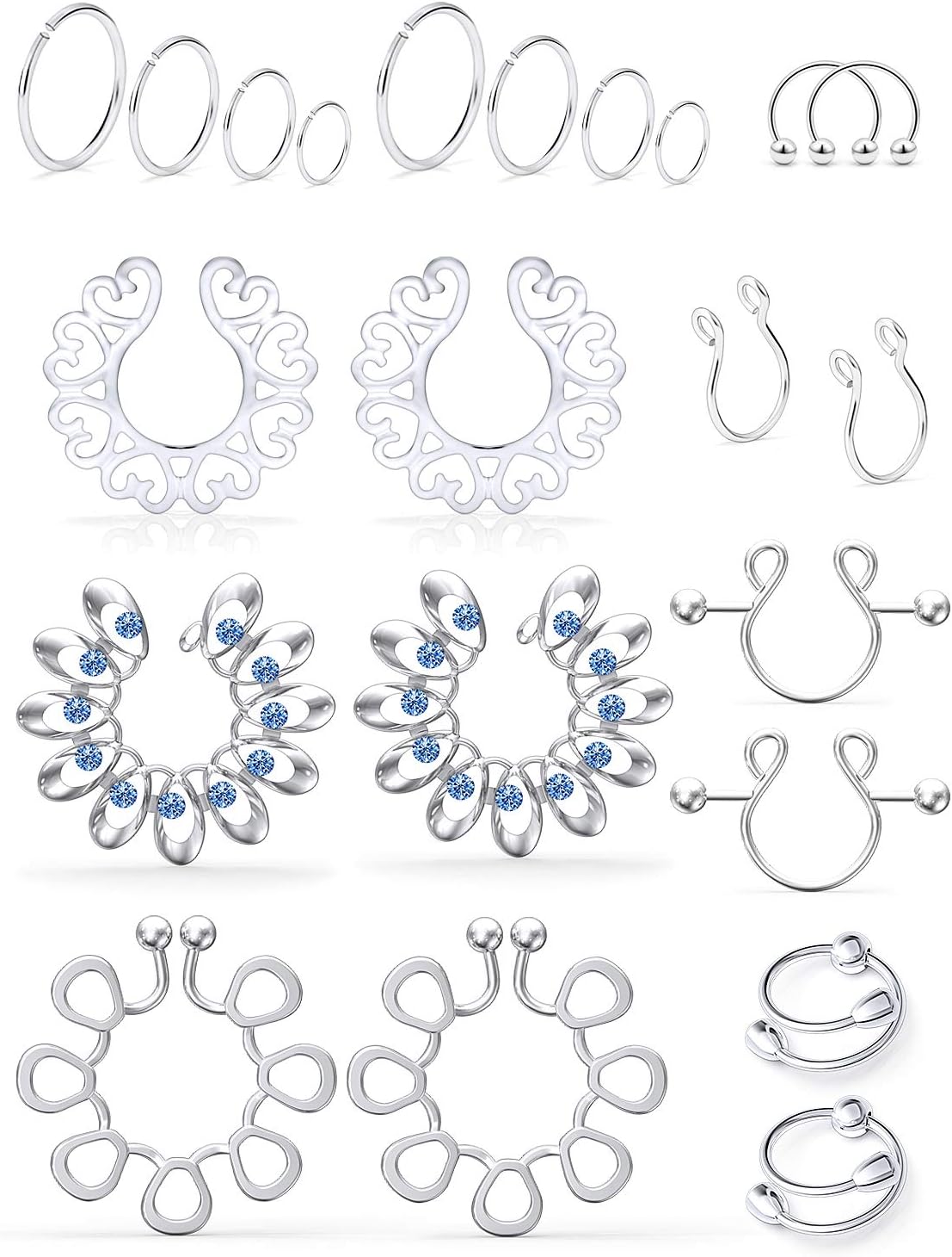 SCERRING Fake Nipple Ring Stainless Steel Non-Piercing Nipple Rings Clip On Nipplerings Faux Body Piercing Jewelry for Women Men 11 Pairs