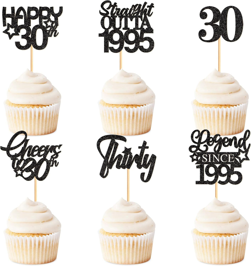 24 Pack 30th Cupcake Toppers Straight Outta 1995 Legend Since 1995 Happy 30th Cheers 30th Forty Cupcake Picks Birthday Party Decoration Supplies | Black 30