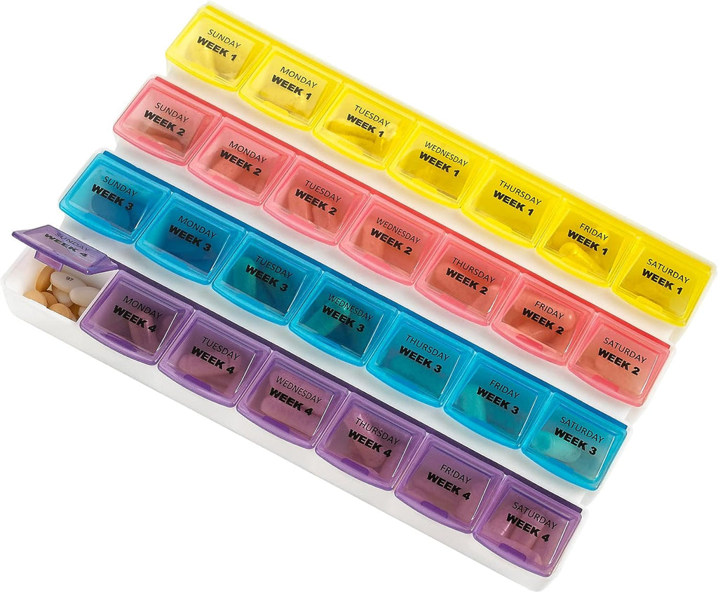 Monthly Pill Organizer - 28 Day Monthly Pill Planner to Separate Pills & Vitamins Week to Week, Travel Medication Reminder Daily Monday to Sunday Compartments