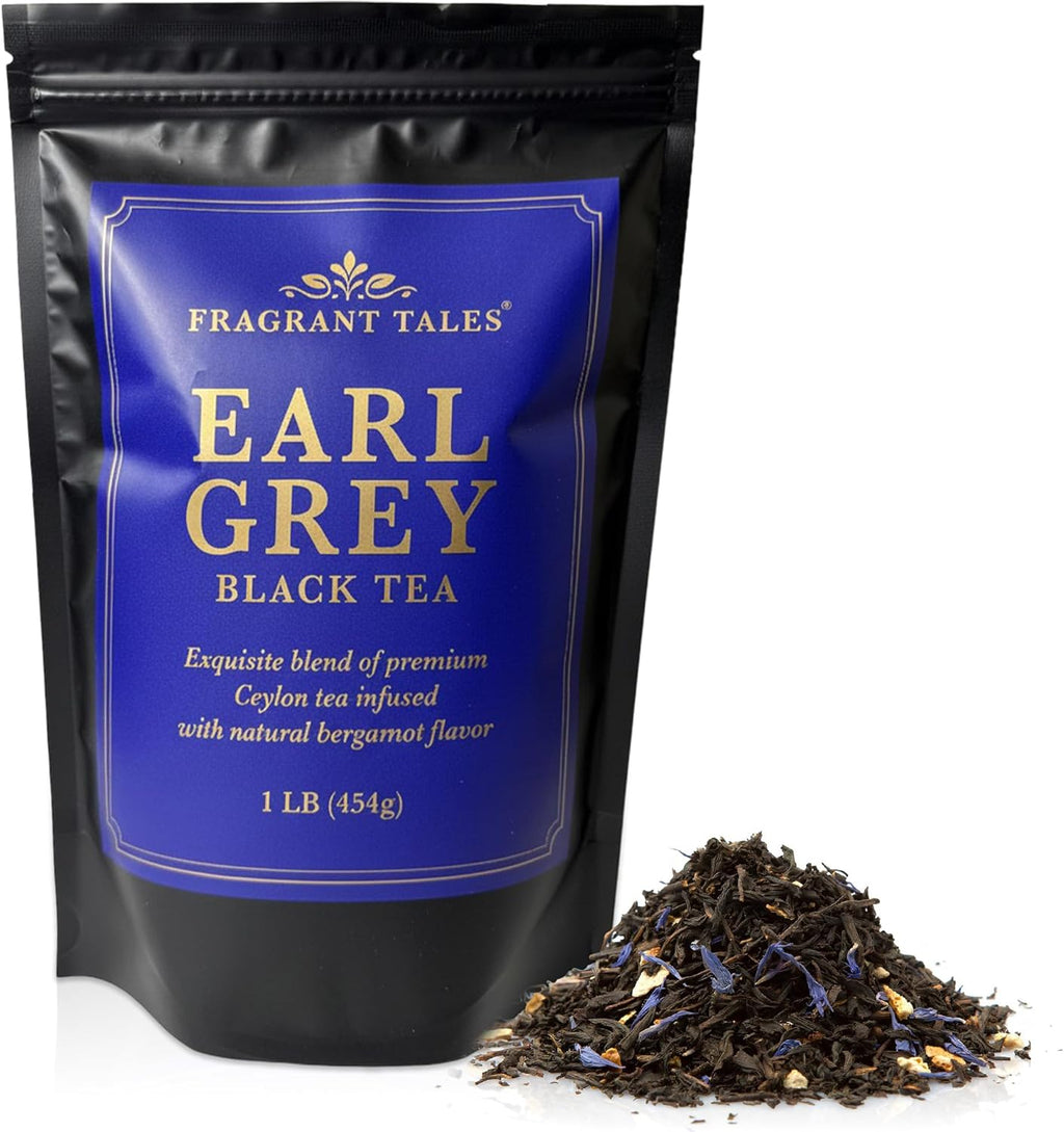 Fragrant Tales Earl Grey | 1LB (454g) | Loose Leaf Black Tea | Premium Ceylon Tea with Natural Bergamot Aroma & Blue Cornflower Petals | Strong, Smooth Flavor | Bulk Resealable Bag