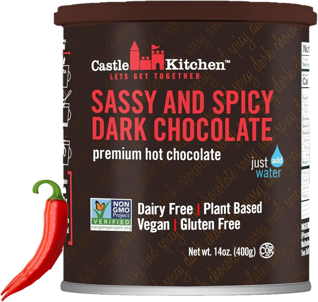 Castle Kitchen Spicy Hot Chocolate (14 oz)-Dairy Free, Vegan Mexican Hot Cocoa Mix made With Natural Chili Spiced Flavors - Just Add Water - Unique Ancient Aztec Flavor With No Artificial Sweeteners