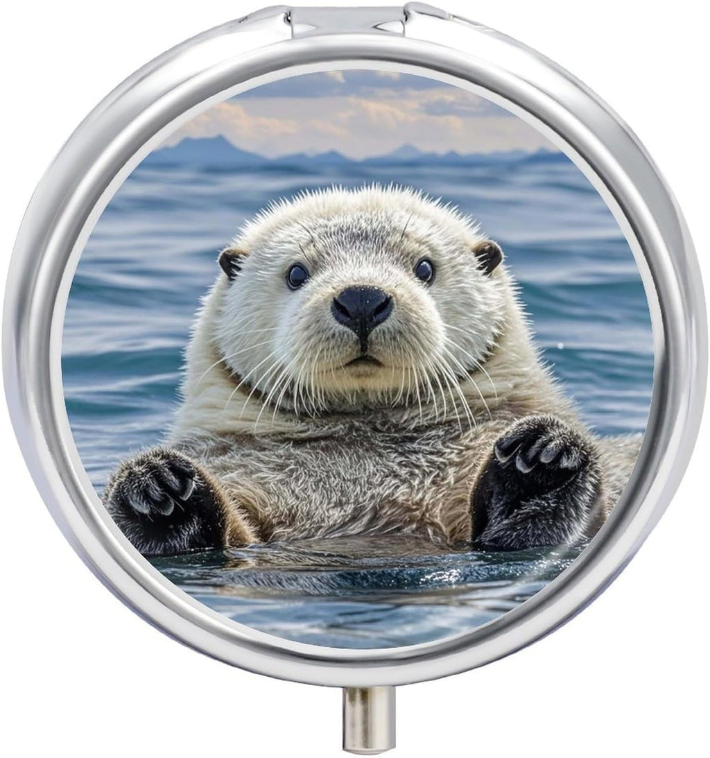 Sea Otter Pill Organizer,3 Compartments Medicine Organizer Small Pill Box Metal Portable Medicine Box Travel Pill Container Holder Medication Holder Round Pill Case