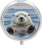 Sea Otter Pill Organizer,3 Compartments Medicine Organizer Small Pill Box Metal Portable Medicine Box Travel Pill Container Holder Medication Holder Round Pill Case