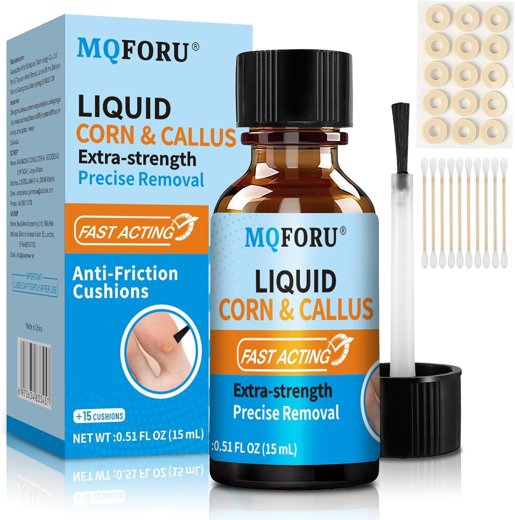 MQFORU Liquid Corn & Callus Removers for Toes & Feet, Extra Strength Corn Removal Fast Acting, 0.5 Fl oz + 15 Corn Cushions + 10 Swabs, Effective Foot Care Solution