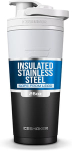 Ice Shaker Stainless Steel Shaker Bottle | 26oz, Black/White | Stays Cold for 30+ Hours | Insulated Cup with Twist-on Agitator | Odor-Free Shaker Cup for Protein Shakes, Water, Smoothies