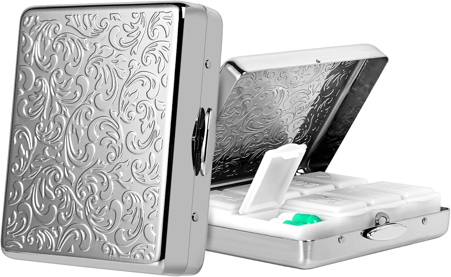 Pill Organizer 7 Days 8 Compartments, Travel Metal Pill Box, BPA-Free Portable Pill Box (Silver, Median)