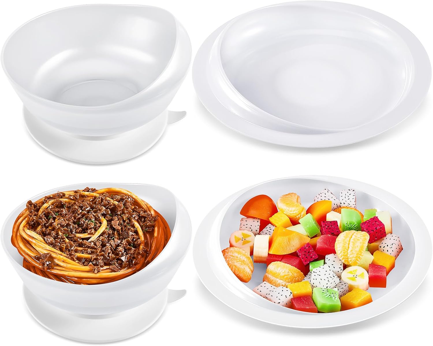 Hushee 2 Sets Adaptive Spill Proof Scoop Bowl and Plate Set with Suction Base Non Skid Self Feed Suction Dinnerware for Elderly Disabled Handicapped from Parkinsons Tremor (White)