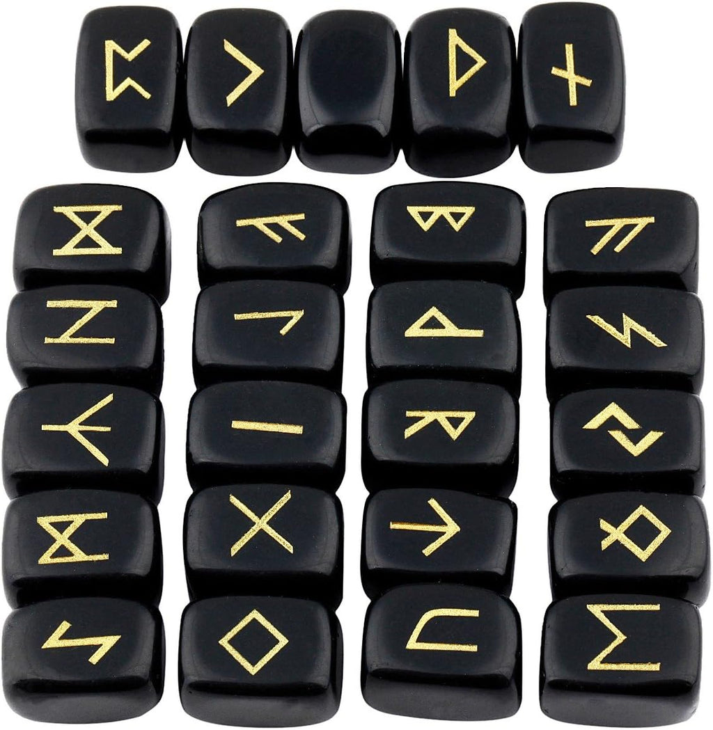 mookaitedecor Rune Stones Set with Engraved Elder Futhark Alphabet Crystal Meditation Divination, Black Obsidian