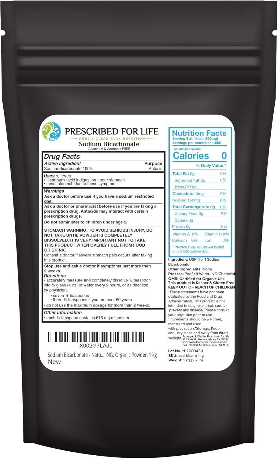 Prescribed For Life Sodium Bicarbonate Powder, Organic Aluminum Free Baking Soda, Bicarbonato de Sodio en Polvo, USP Grade (1kg / 2.2lb)