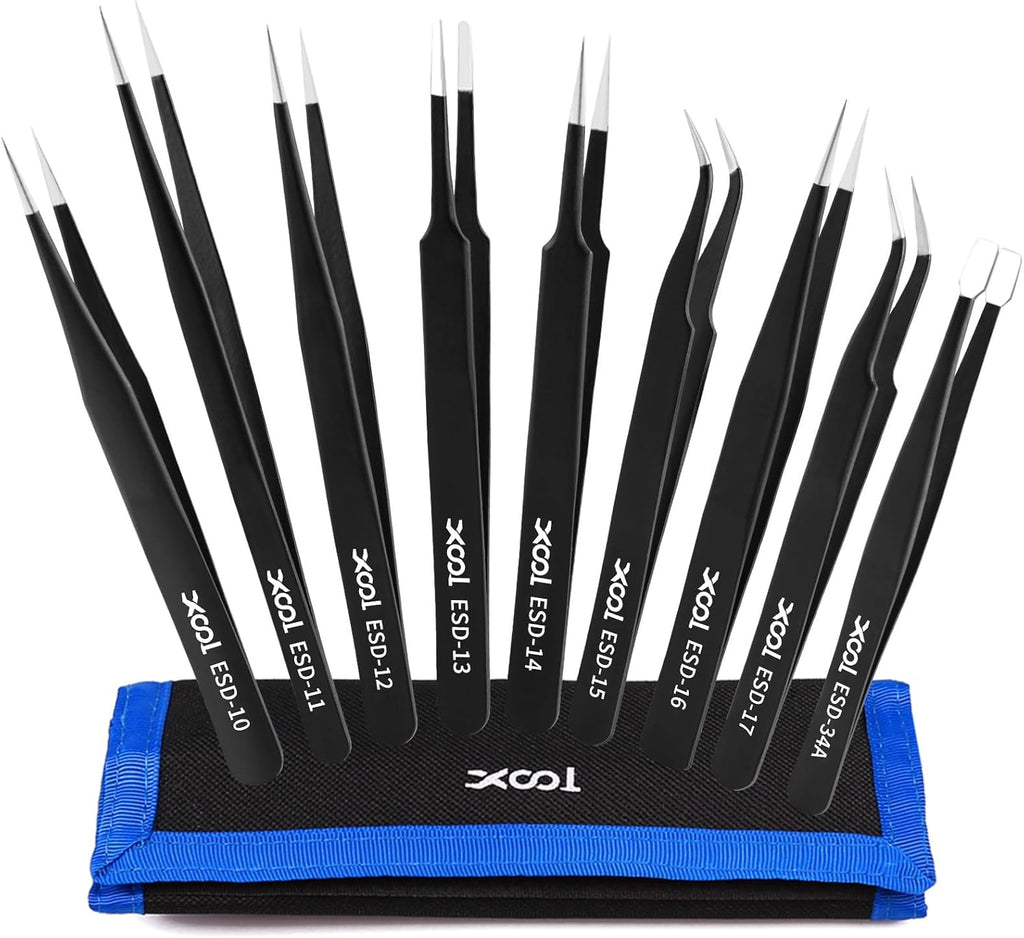 XOOL 9 PCS ESD Precision Tweezers Set, Anti-Static Stainless Steel Tweezers Kit for Electronics, Soldering, Craft, Jewelry, Model Building