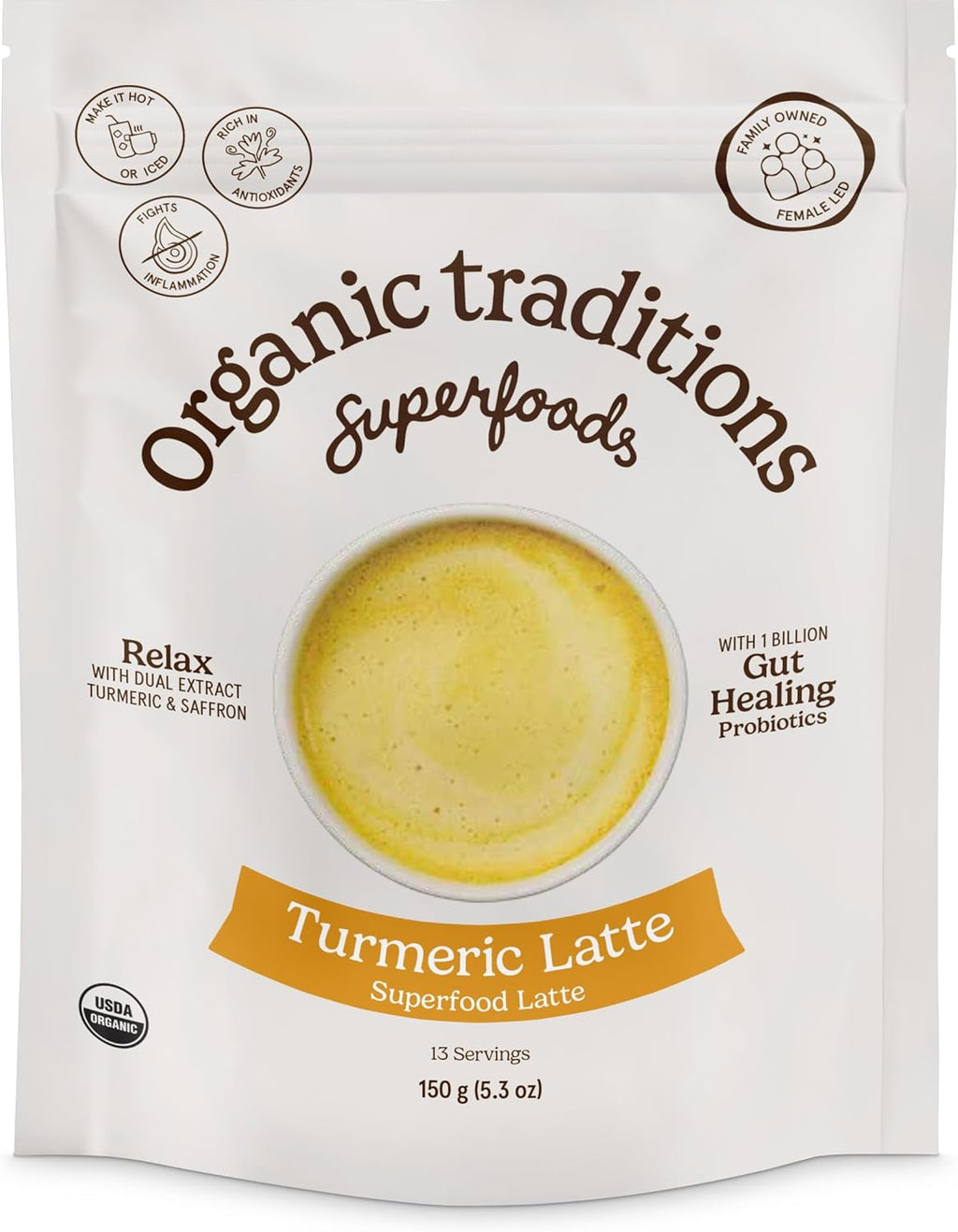 Organic Traditions Turmeric Powder Latte, Golden Milk Powder with Coconut Milk, Turmeric Extract, Saffron, Ginger Powder, Cinnamon, Lightly Sweetened, Golden Milk Drink with Probiotics, 150g / 5.3oz