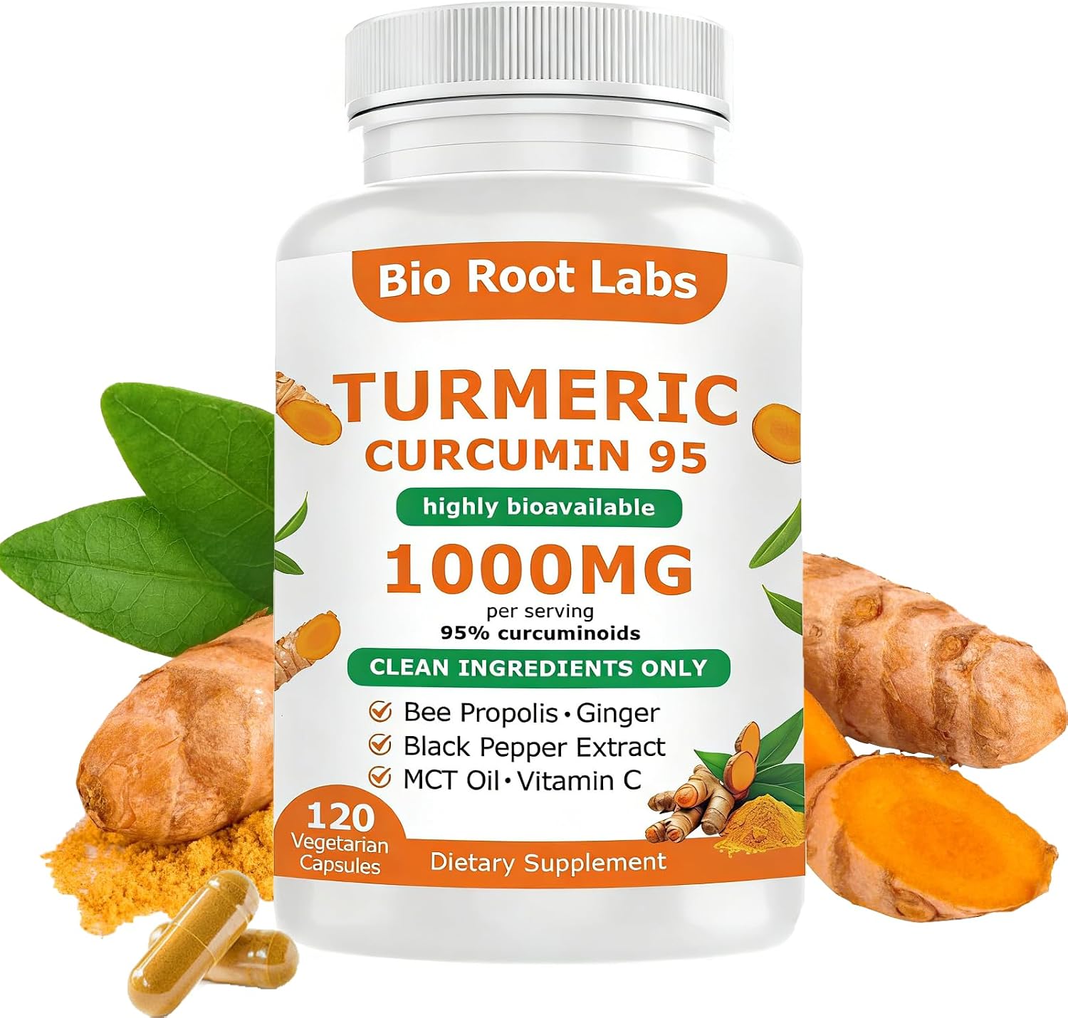 1PCSBio Root Labs Turmeric Curcumin Supplement, Turmeric Curcumin 1,000mg – 95% Curcuminoids with Black Pepper & Ginger,Fat Soluble Vitamin C,Enhanced Absorption,120 Capsules (1PCS)