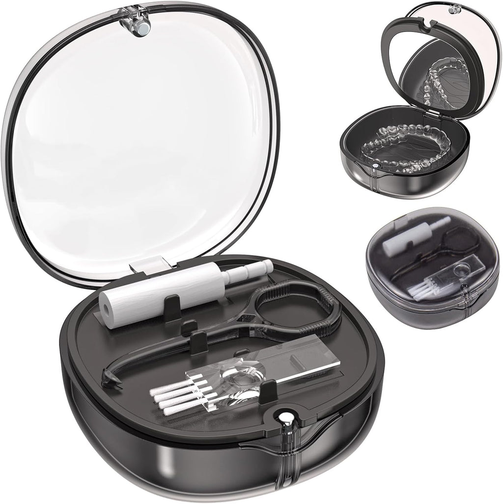 Dental Retainer Box Case Orthodontic Retainer Container with Removal Tool, Chew and Travel Brush, Double-layer Mouth Guard Holder Container Case with Mirror - Transparent Black