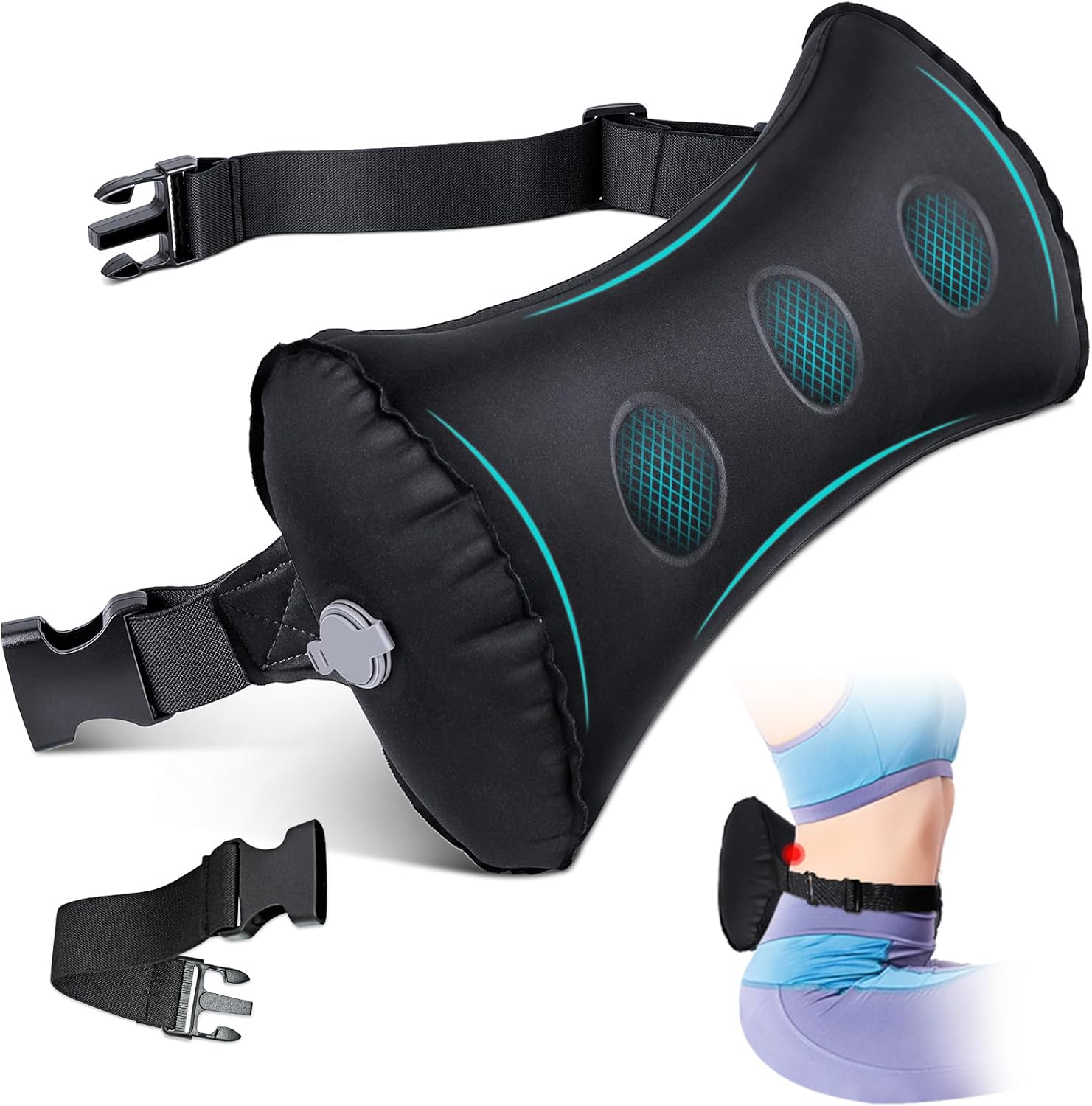 Inflatable Lumbar Pillow for Airplane Travel Lumbar Support Pillow for Car, Office Chair Back Support Office Chair Back Support for Reducing Lower Back Pain (Black)